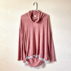 UMGEE Hi Low Turtleneck Tunic Top Size Large Dusty Rose Metallic Lace Trim